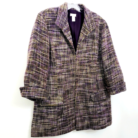 CHICOS Tweed Longline Plum/Green/Silver Metalic Blazer / Jacket - Picture 8 of 16